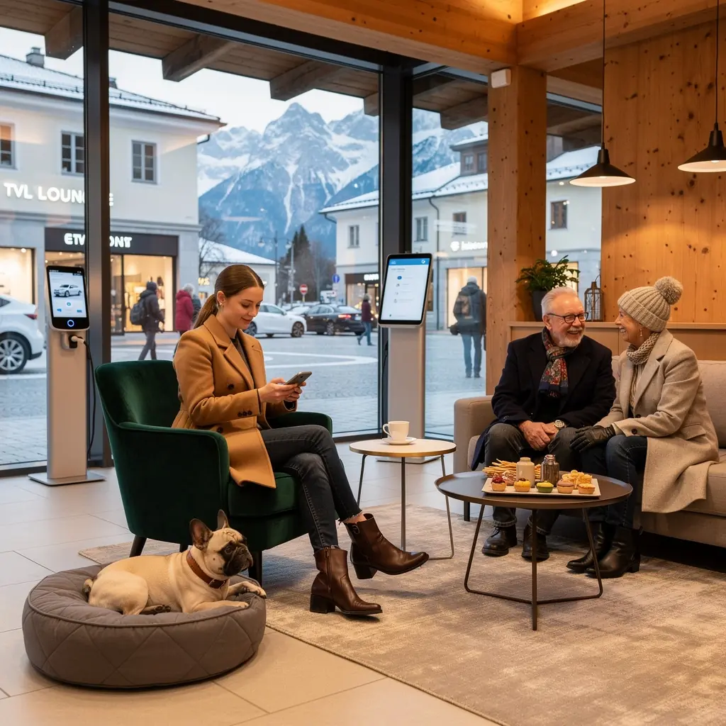 Gemütliche Wartebereiche mit kostenlosem WLAN und erfrischenden Getränken während des Ladevorgangs.