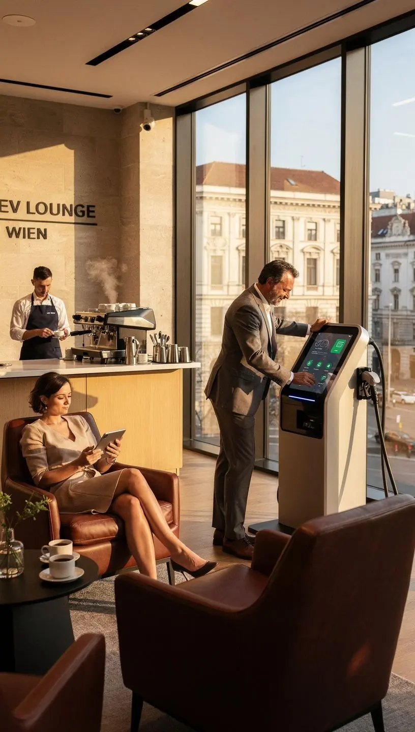 Elegante Lounge mit modernen Möbeln und entspannender Atmosphäre für Elektrofahrzeug-Besitzer.
