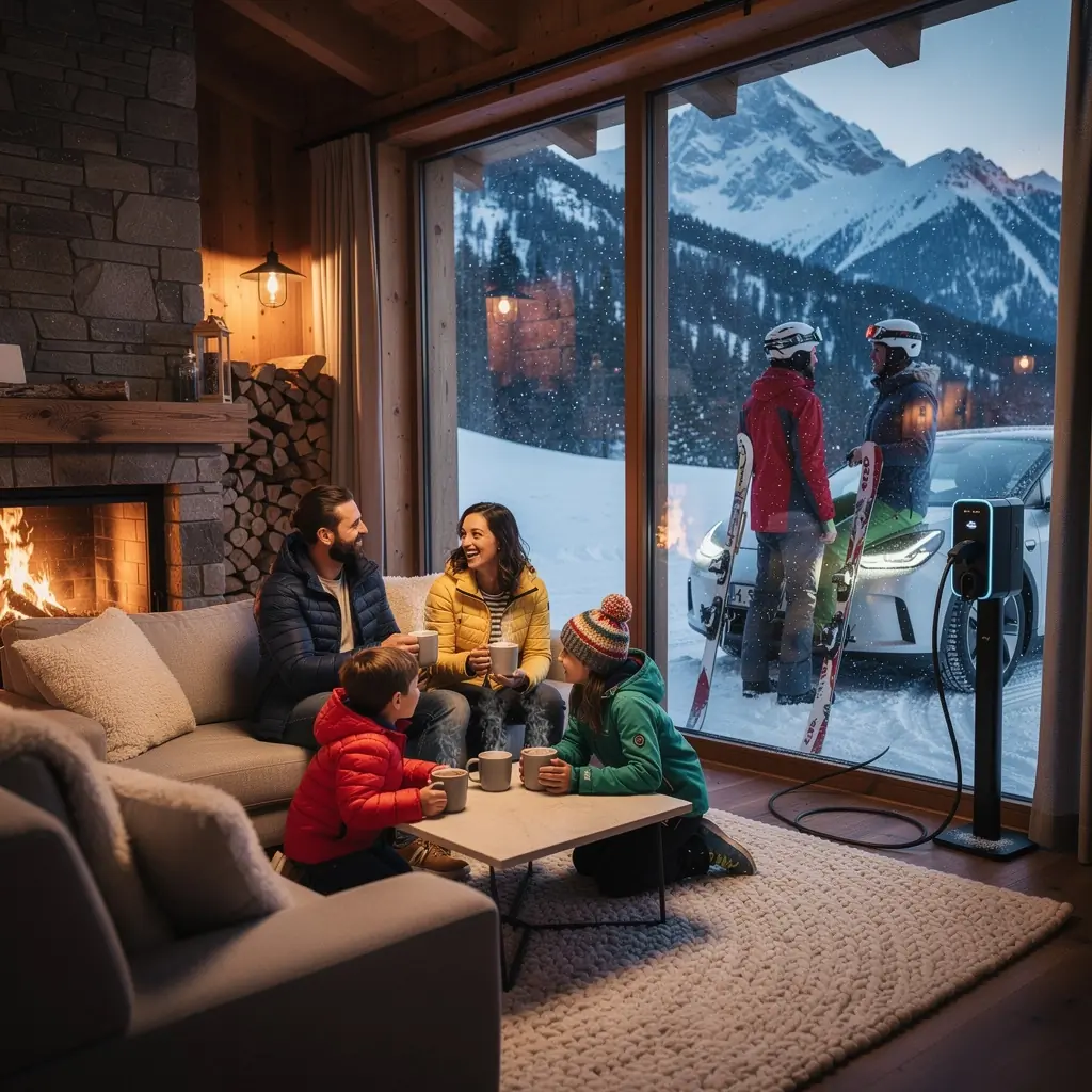 Elegante Lounge mit bequemen Sitzgelegenheiten und modernen Lademöglichkeiten für Elektrofahrzeuge.