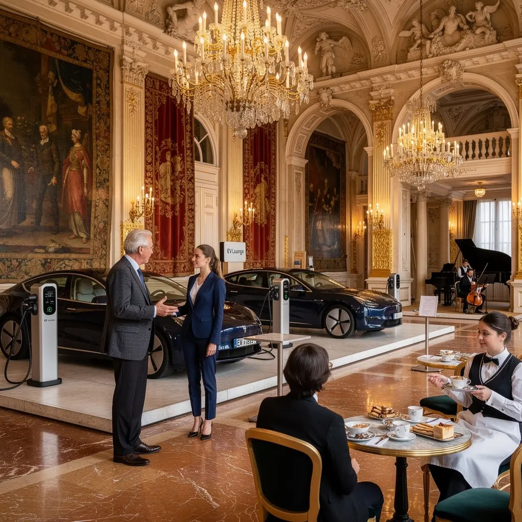 Luxuriöse Annehmlichkeiten wie kostenlose Getränke und WLAN während des Ladevorgangs.